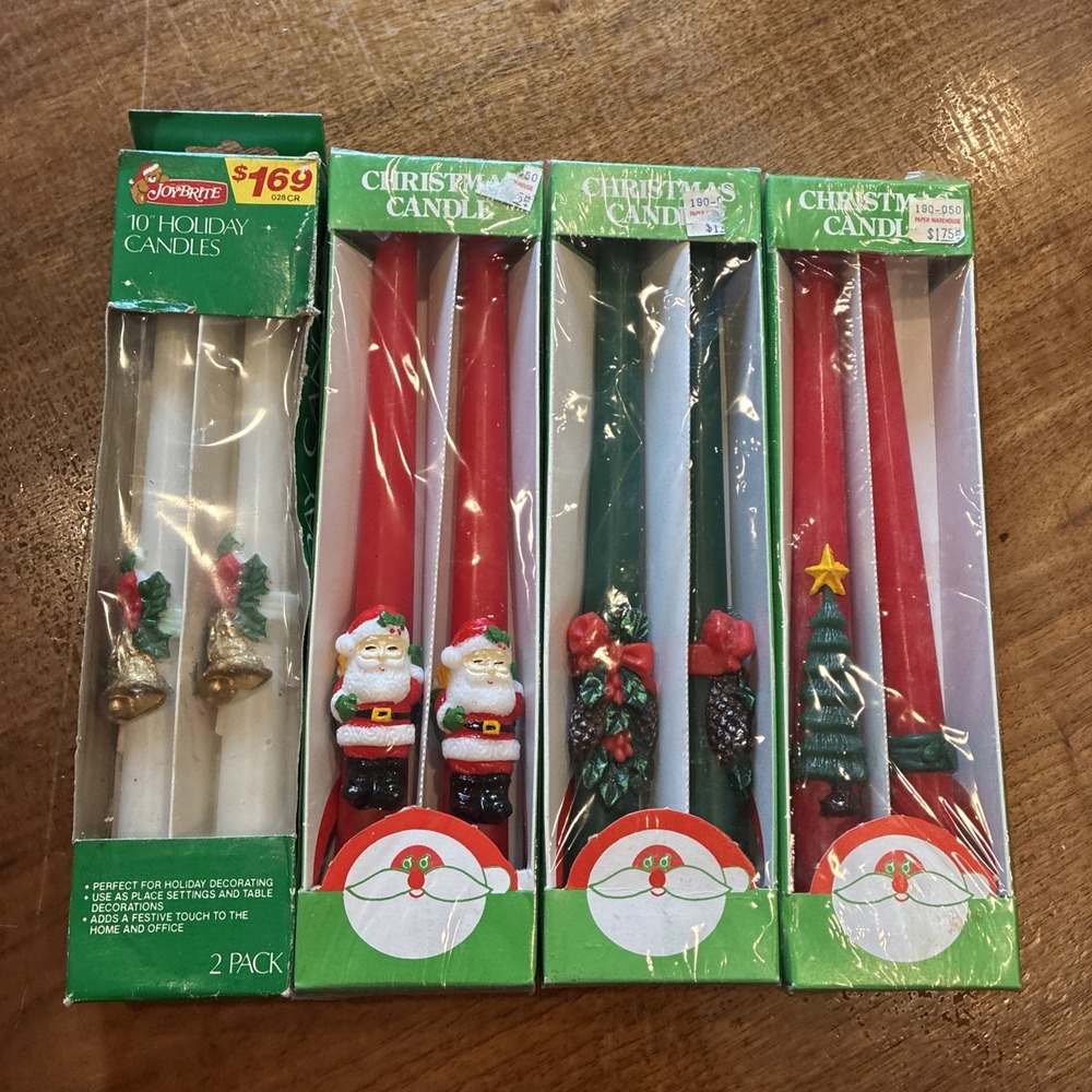 4 Vintage 80s Sets 2 Christmas 10" Taper Candles Candy Canes Bells Chapels NOS